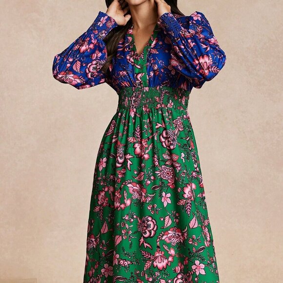 Multicolor Boho Women's Fitted Spliced Print Dress - Picture 5 of 6